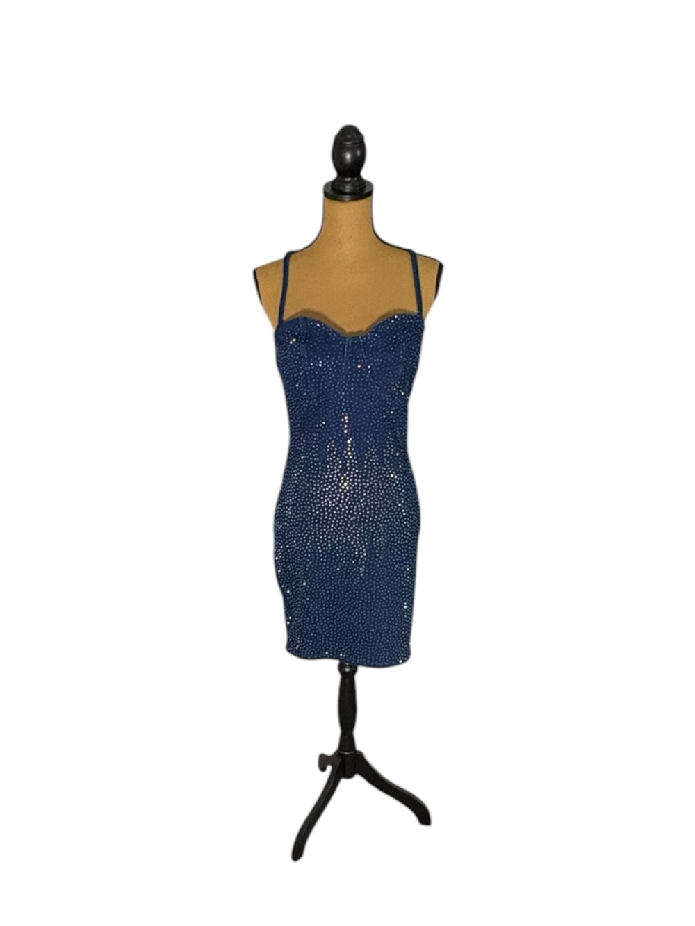 Rhinestone Denim Bodycon Mini Dress Women’s L Y2K Western Glam Eras Vibes